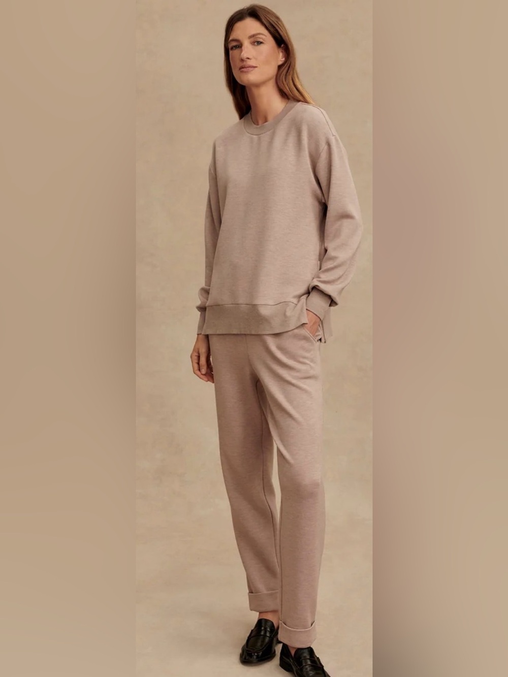 Varley DoubleSoft® Set Gabriella Top The Rolled Cuff Pant 25" Taupe Marl Sz M